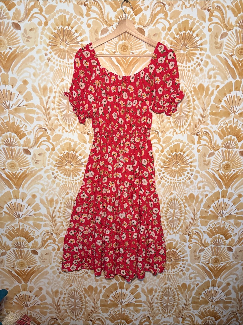 Red Floral Midi Dress Puff Sleeve Scoop Neck Fit Flare Cottagecore Boho Romantic - Picture 5 of 12
